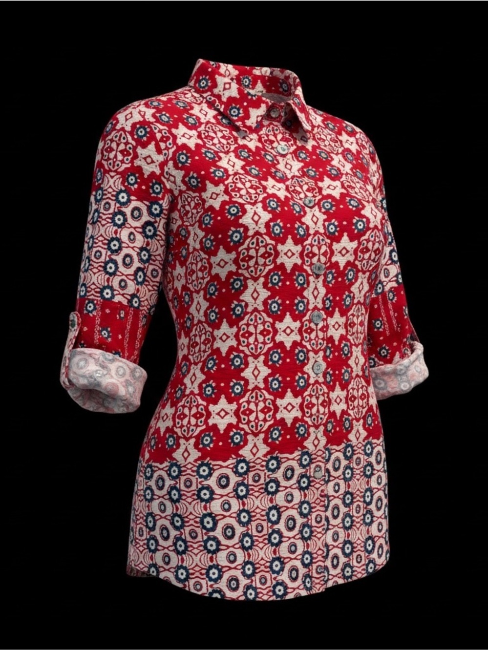John Mark Red Patterned Button-Up Tunic Blouse